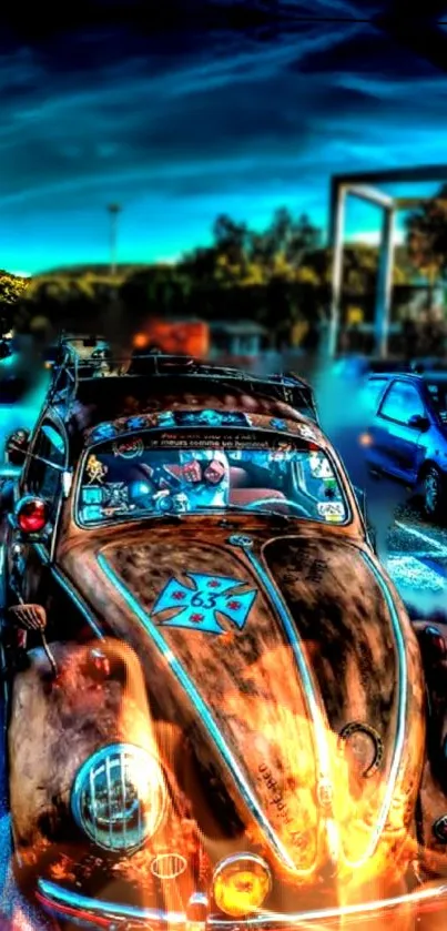 Vintage Beetle car with vibrant colors in artistic mobile wallpaper.