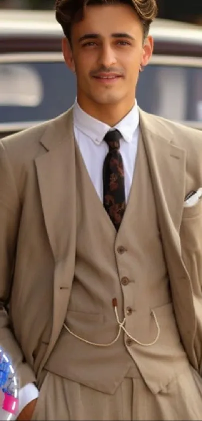 Elegant man in vintage beige suit posing outdoors.