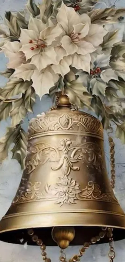 Vintage bell with floral pattern decoration on a wallpaper.