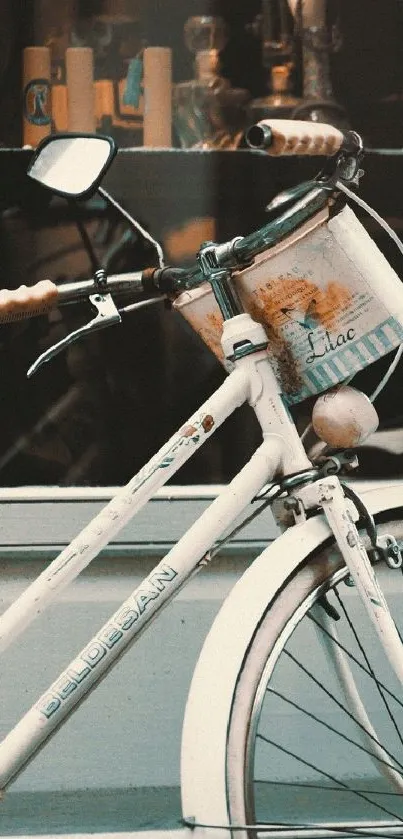 Vintage bicycle leaning against shopfront with beige tones.