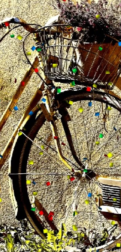 Vintage bicycle rests against a sunlit yellow wall, casting a nostalgic shadow.