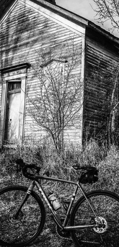 Vintage bicycle in front of an old barn in grayscale.