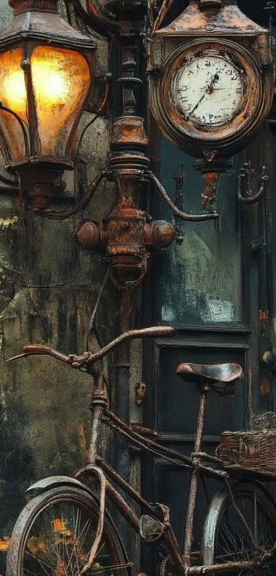 Vintage bicycle and clock with street lamp on rustic wall.