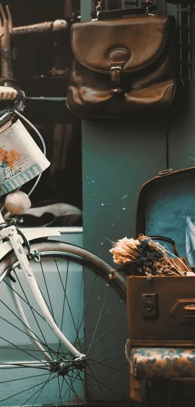 Vintage bicycle, leather bag, and suitcase with teal tones for mobile wallpaper.