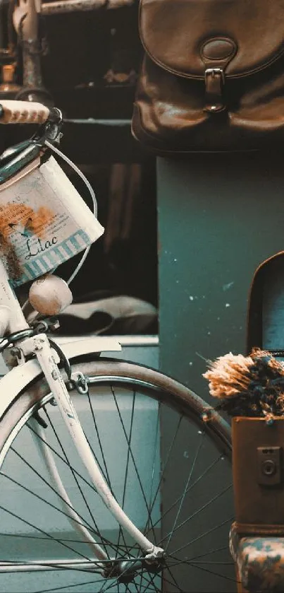 Vintage bicycle and suitcase create a charming nostalgic scene.