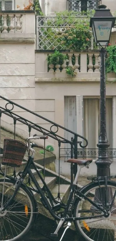 Vintage bicycle on Parisian steps with greenery.