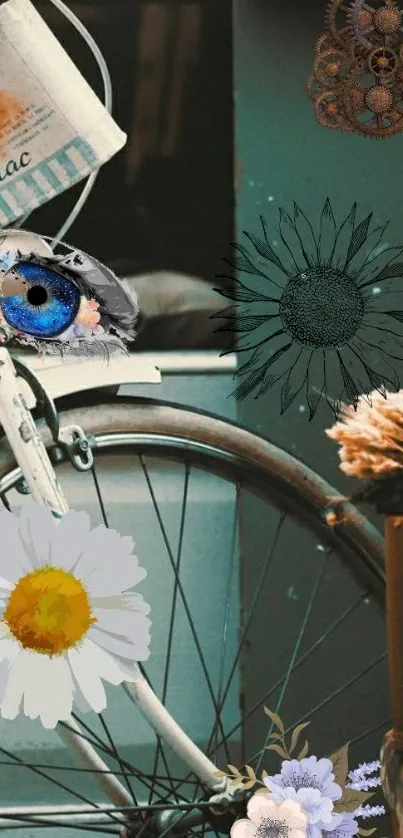 Vintage bicycle with flowers and gears in teal hues.