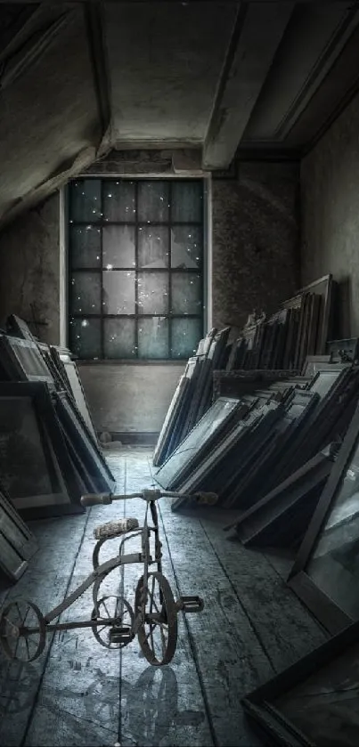 Antique tricycle in dusty attic beneath a starry window.