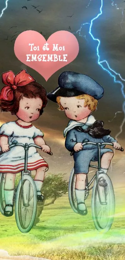 Two children on bicycles under a stormy sky with a heartfelt message.