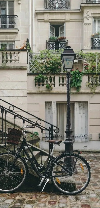 Vintage bicycle against classic urban backdrop with beige tones.