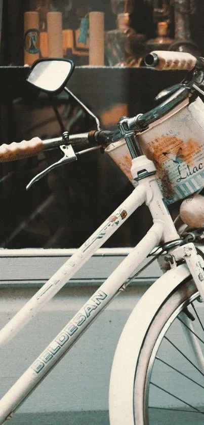 Vintage white bicycle against urban backdrop.