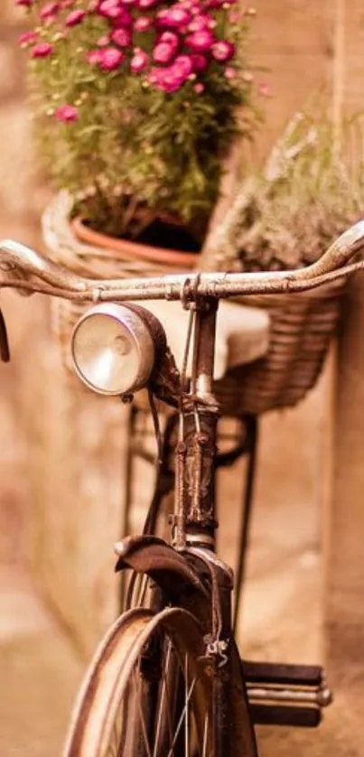 Vintage bicycle with pink flowers in a basket against a rustic brown wall.