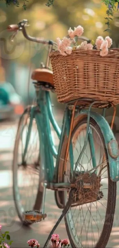 Vintage bicycle with flower basket in sunlight.
