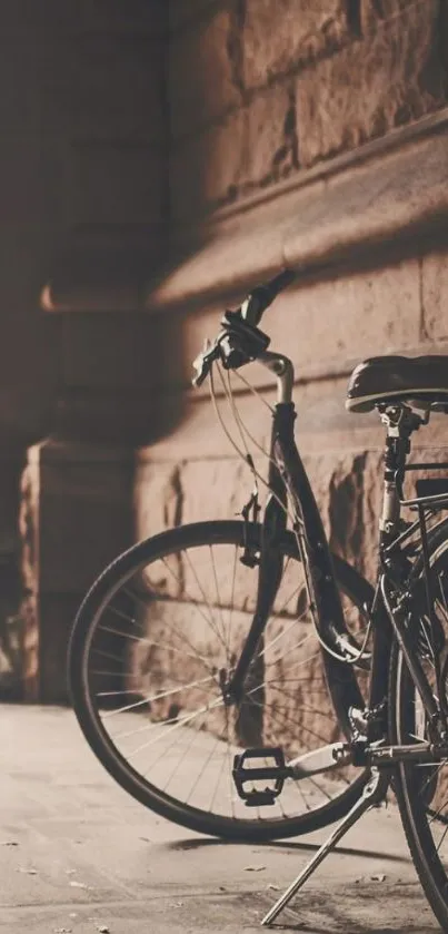 Elegant vintage bike against a textured stone wall in sepia tones.