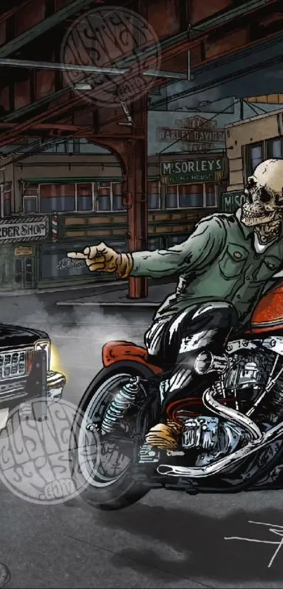 Vintage biker art wallpaper with skeleton rider in urban scene.