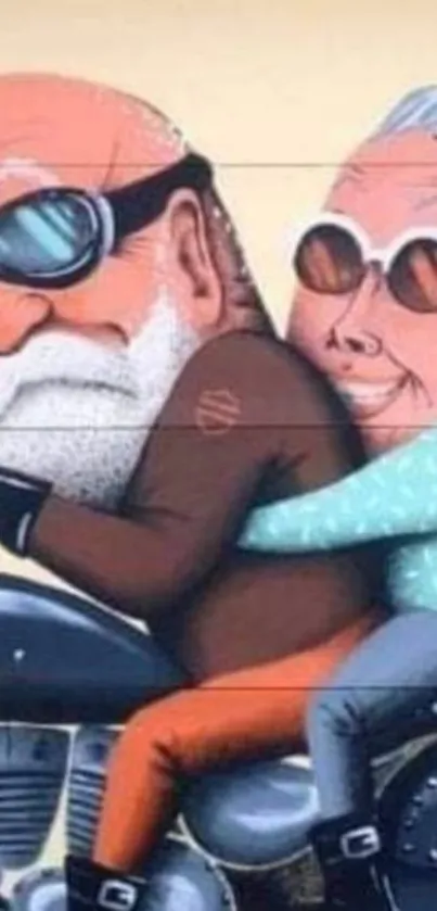 Elderly couple on motorcycle mural, vibrant colors.