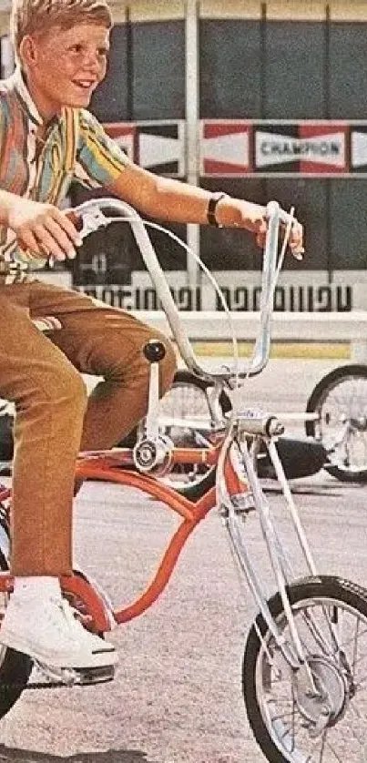 Happy cyclist on a vintage orange bike in a lively urban scene.