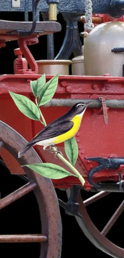 Yellow-breasted bird on vintage machinery with red accents.