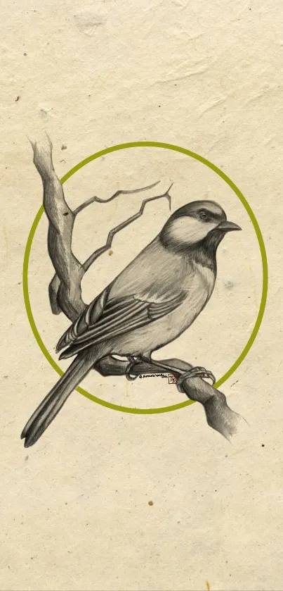 Vintage sketch of bird on textured beige background.