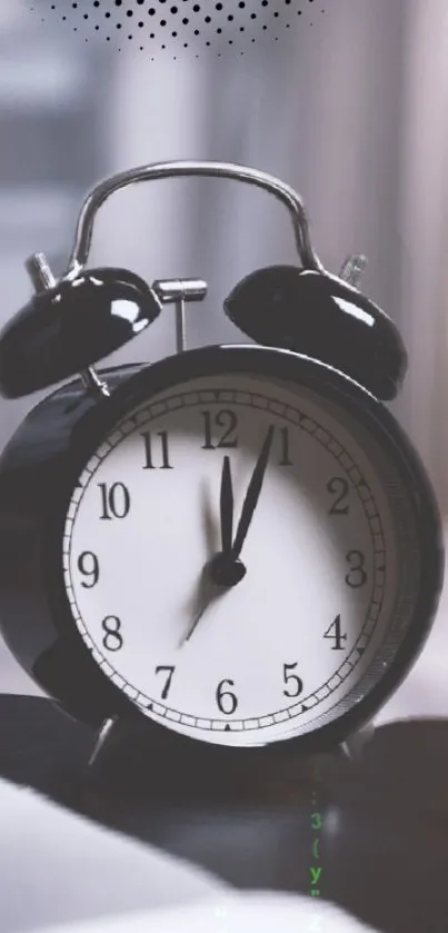 Vintage black alarm clock on a minimalist background.