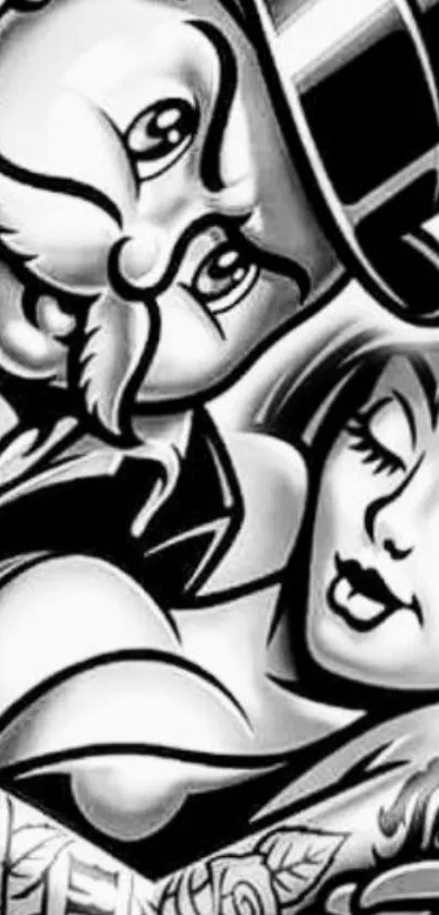 Vintage black and white cartoon art wallpaper on mobile.