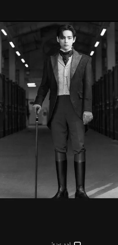 Black and white portrait of a person in vintage attire in a corridor.