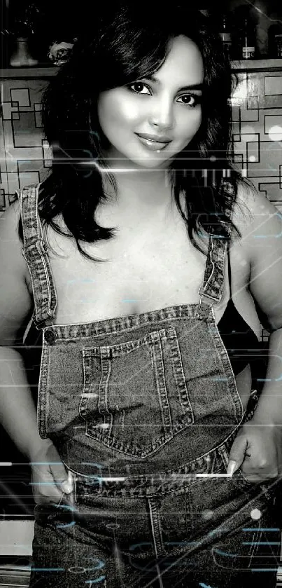 Black and white photo of a woman in denim overalls.