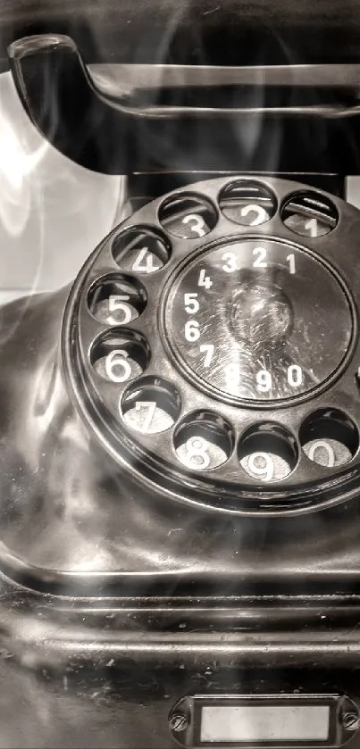 A sepia-toned image of a vintage rotary dial telephone.