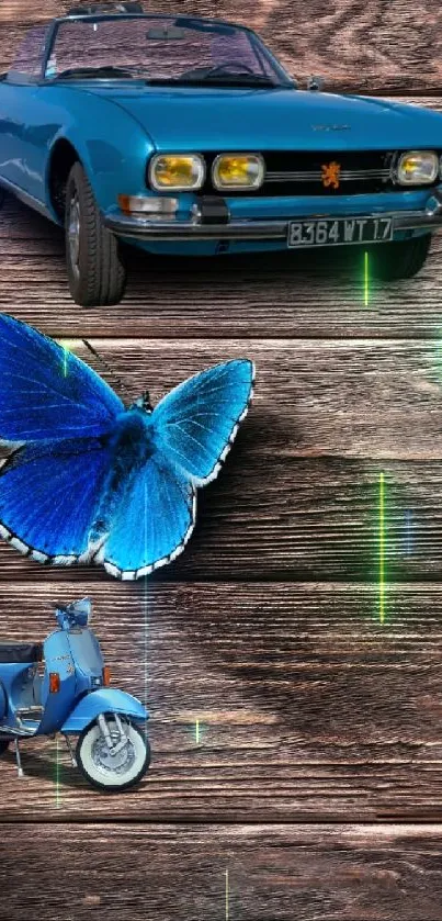 Mobile wallpaper of a blue car, butterfly, and scooter on wood.