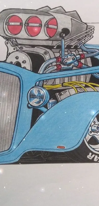 Vintage blue car illustration wallpaper featuring detailed cartoon design.