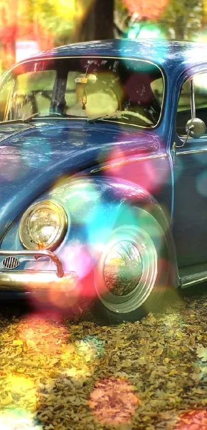 Vintage blue car surrounded by autumn leaves in a serene forest setting.