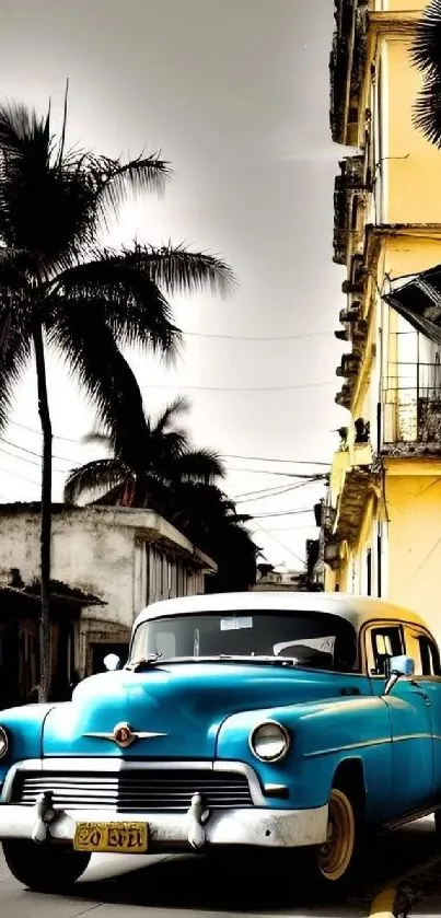 A vintage blue car on a tropical street with palm trees and colorful buildings.