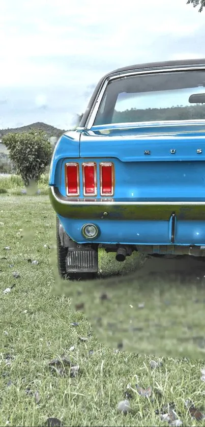 Vintage blue car parked on grassy field with scenic backdrop.