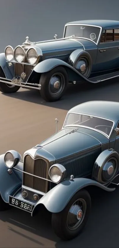 Vintage blue cars adorned in classic elegance on a mobile wallpaper.