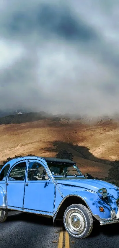 Vintage blue car on a scenic road under a cloudy sky.