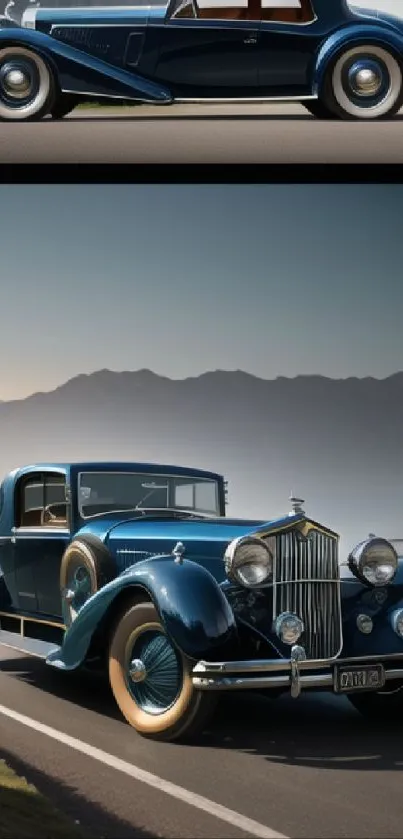 Vintage blue car with mountain backdrop, capturing classic elegance.