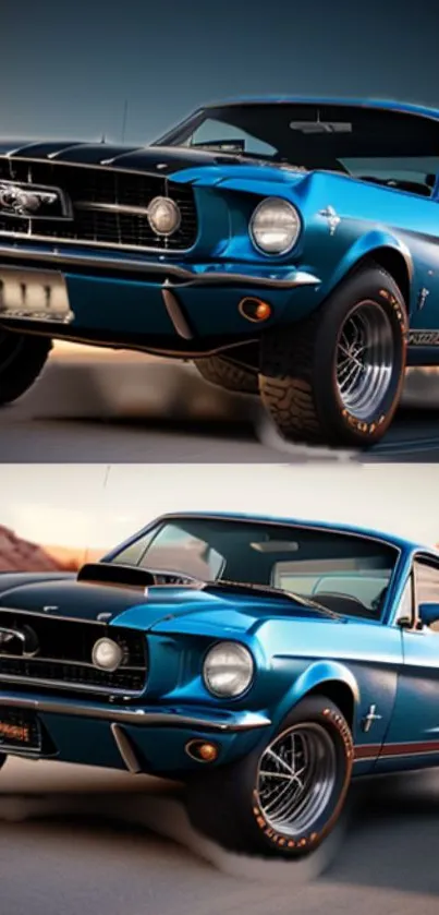 Vintage blue muscle car in desert landscape, classic and stylish automotive design.