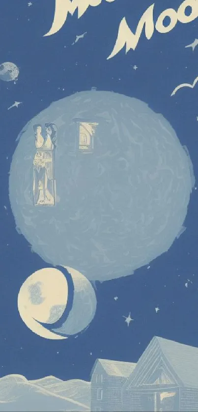 Vintage blue moon wallpaper with stars and cabin.