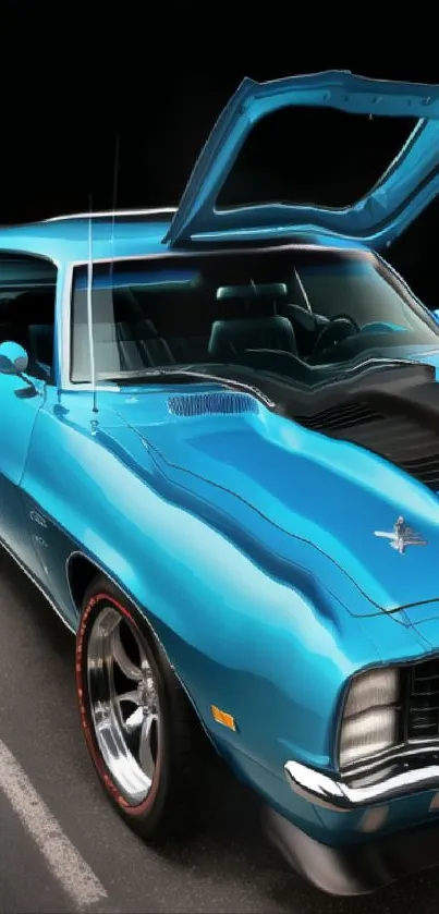 A sleek blue vintage muscle car with doors open, perfect for mobile wallpaper.