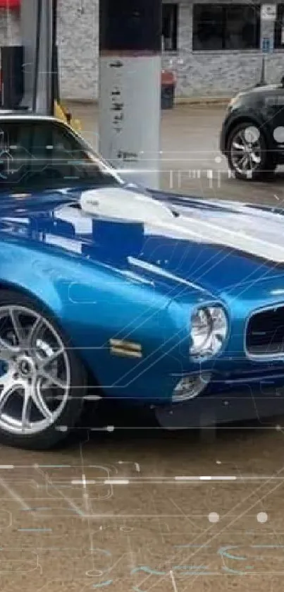 Vintage blue muscle car with sleek design and chrome accents parked outdoors.