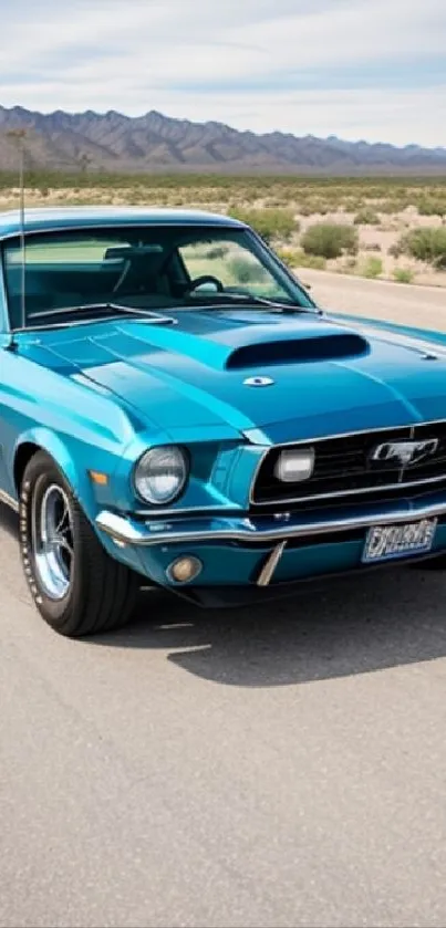 Vintage blue Mustang driving on an open road with desert background.