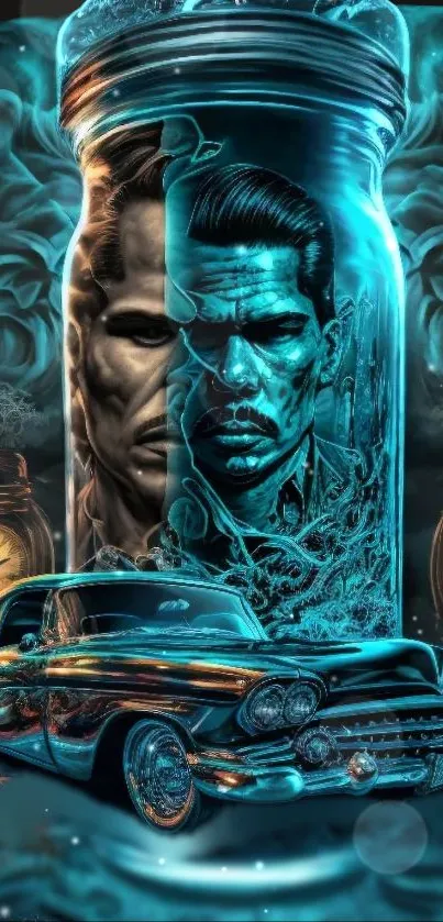 Vintage neon art featuring a classic car and two men in a jar.