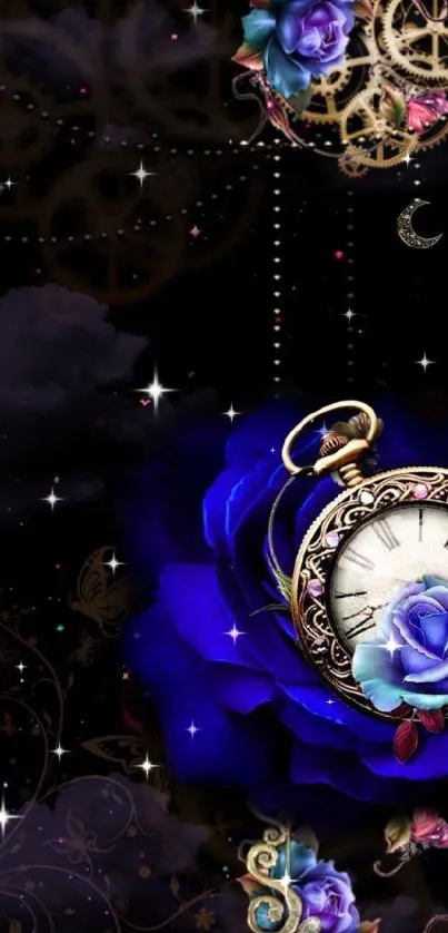 Vintage clock with blue roses on a dark background mobile wallpaper.