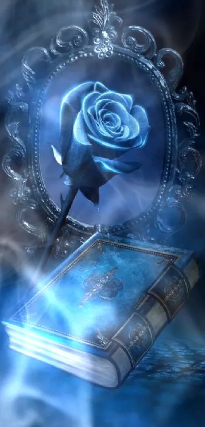 Enchanting blue rose and vintage book wallpaper.