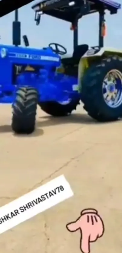 Vintage blue tractor under a clear sky, showcasing rural charm.