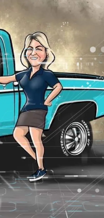 Cartoon of a woman with a vintage turquoise truck.