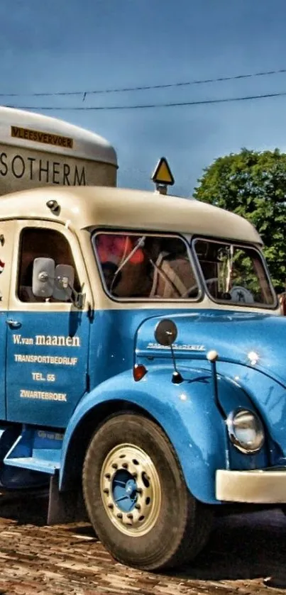 Vintage blue truck with classic design on cobblestone path.