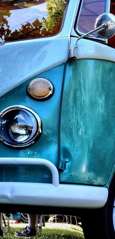 Vintage blue van parked in a serene forest setting, under sunlight.