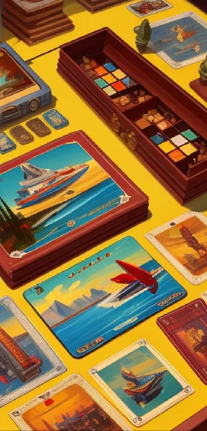 Vintage board game setup with colorful cards and pieces on a yellow table.