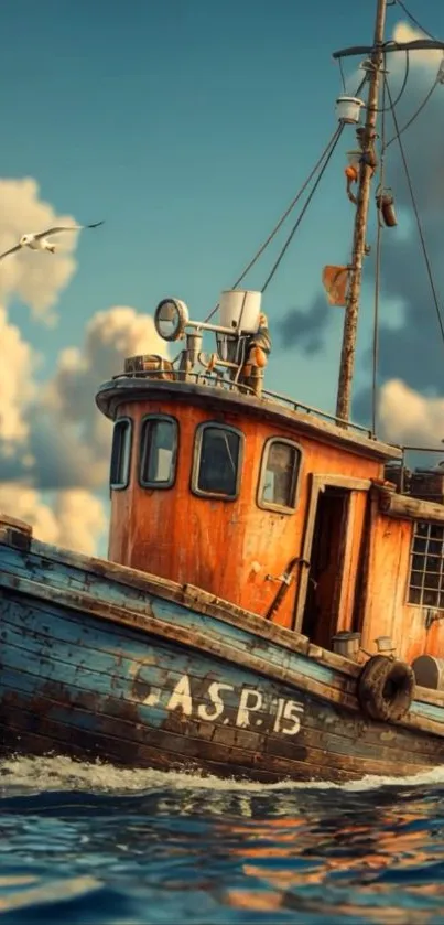 Vintage boat at sea with cloudy sky and seagull.